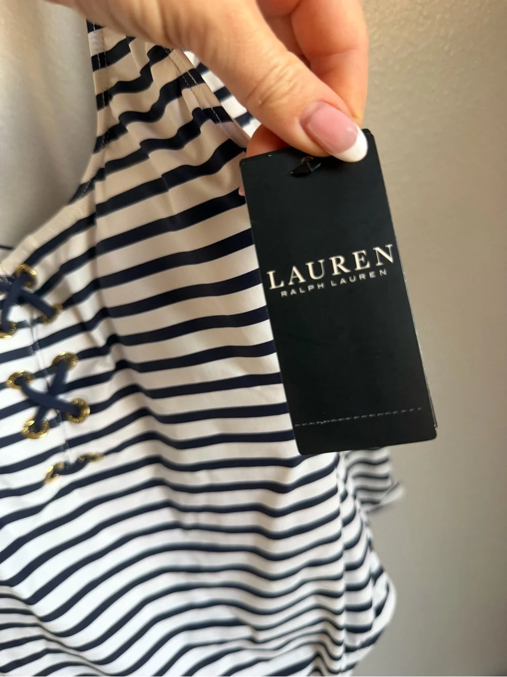 NWT Lauren Ralph Lauren Navy/White Luxe Stripe Laced Tank Swimsuit One Piece